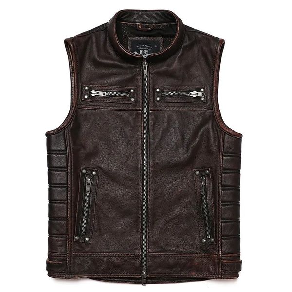 Erkek Ceketler Kahverengi Vintage Gerçek Deri Motosiklet Yeleği Erkekler Cowhide Orijinal Biker Yelek İnce Sleeless 231016