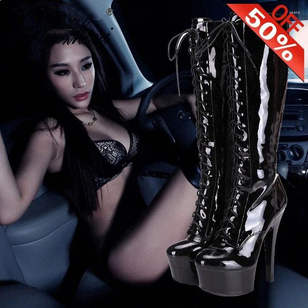 Stiefel Motorrad Mode Große Größe 6 Zoll High Heel Dünne Absätze Plattform 15 cm Oberschenkel Pole Dance Schwarz