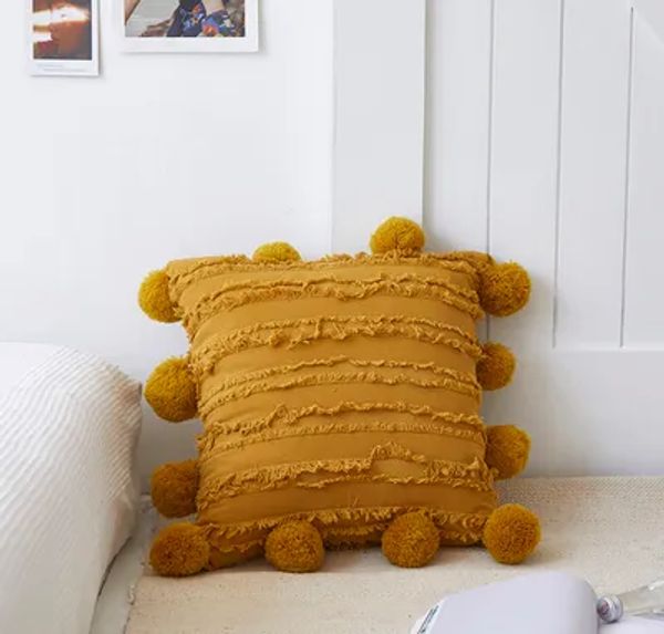 Capa de almofada decorativa branca com borlas florais, capa de almofada decorativa com pompom, amarelo e cinza, decoração para casa, 45x45cm, atacado