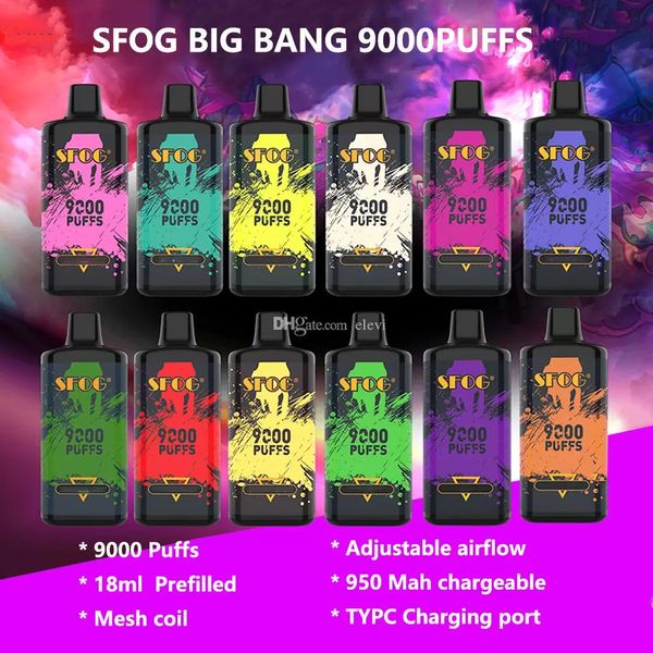 Новые одноразовые капсулы SFOG Big Bang 9000Puffs 18ML Предварительно заполненные ECIGS Box MOD Перезаряжаемая электронные сигареты 12 цветов пары ручка