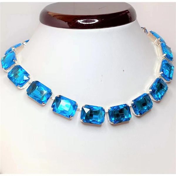 Zincirler ins moda kare mavi akrilik büyük kristal kolye öğesi bayanlar parti yemeği bling yaka kemiği zinciri takı toptan