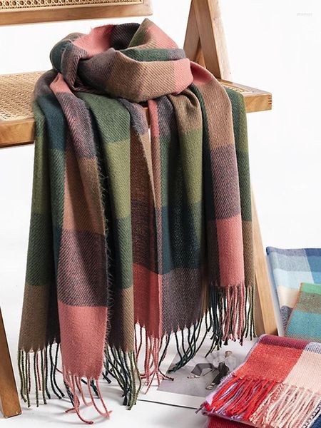 Lenços coloridos treliça moda confortável borla temperamento elegante imitação cashmere simples mulheres cachecol quente colar de vento longo xale