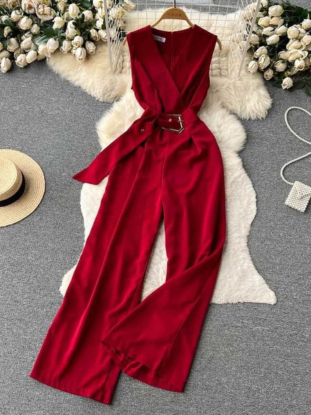 Damen-Overall, Strampler, Sommer, Vintage-Stil, V-Ausschnitt, weites Bein, Jumpsuits, Damen, elegant, Rot/Grün/Orange, ärmellos, hohe Taille, Strampler mit Gürtel, neue Mode, 2023L231017