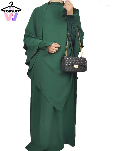 Ethnische Kleidung im Kleid Musilim Abaya Set MIT 2-LAGIGEM HIJOB unter langen, ausgestellten Ärmeln, gesmokten Manschetten, übergroßem Saum, Kettenrückenrobe