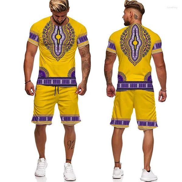 Tracksuits masculinos verão 3d impressão africana estilo vintage camisetas shorts 2 peça terno esportivo camisetas roupas masculinas hip hop tracksuit