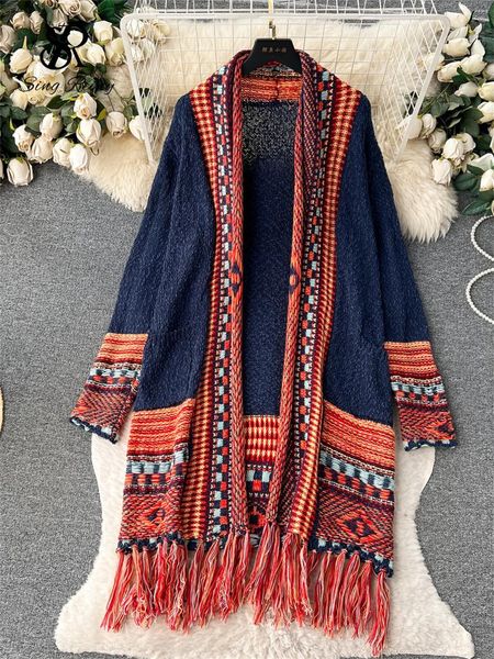 Damenstrickjacke SINGREINY Herbst Lässige Lose Strickjacke Frauen Lange Ärmel Quaste Mode Streetwear Böhmischer Urlaubsstil Mantel