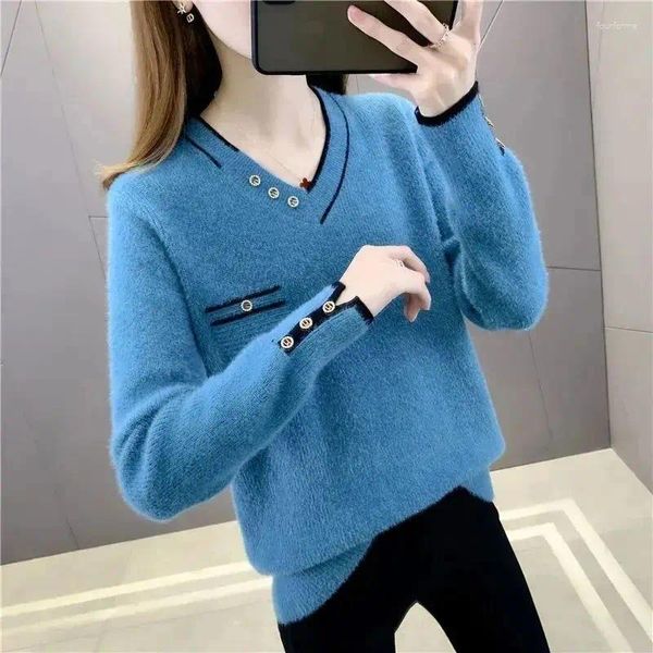 Damenpullover mit V-Ausschnitt, Nerz-Samt, gestreifter Knopf, falsches Taschen-Design, weich, locker, gerade, Pullover, mehrere Farben, Damen, Plüsch, verdickt