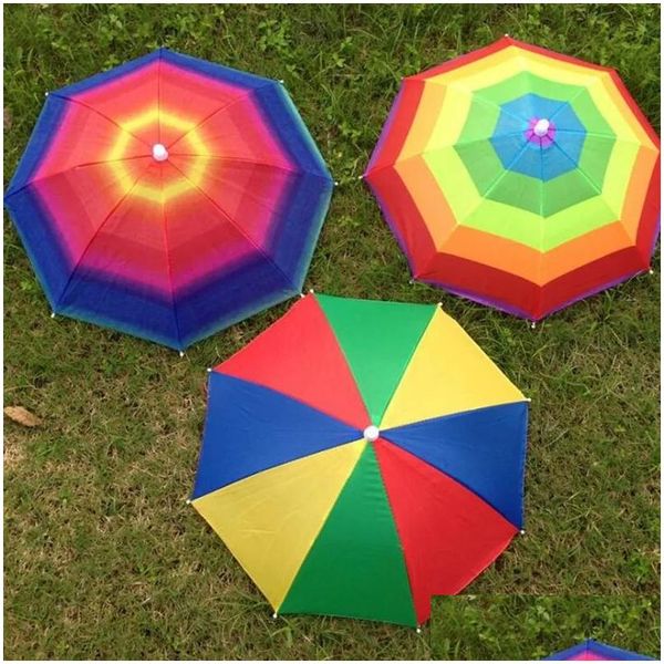 Regenschirme 3 Farben faltbare Sonne Regenbogen Regenschirm Hut für Erwachsene Kinder verstellbares Stirnband Wandern Angeln Outdoor Sunshade Drop Deliv DHPAM