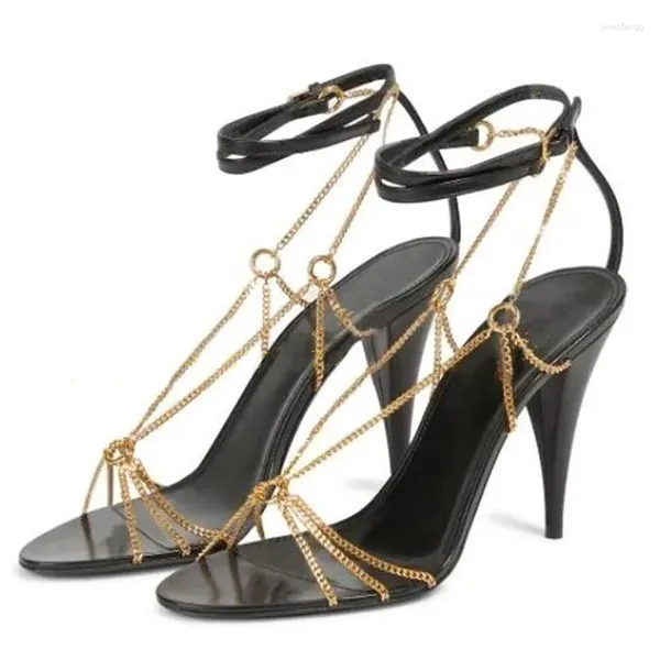 Sandalen Metallkette Frauen Schuhe Schwarz Peep Toe Spike Heel Design Pumps Sexy Bankett Party Chaussure Femme Schnalle Riemen Zapatos