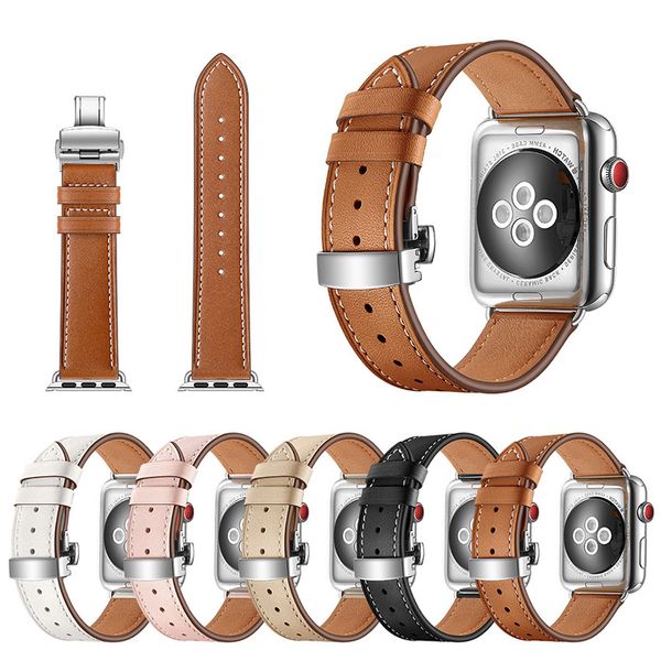 Apple assista pulseira de couro genuíno borboleta fecho cinta cinto 38/40/41mm 42/44/45/49mm para iwatch série ultra 9 8 7 6 5 4