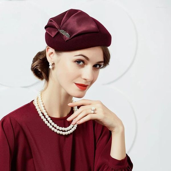 Berets mulheres inverno moda britânica chapéu de lã senhoras vestido festa pequeno boné estilo feminino