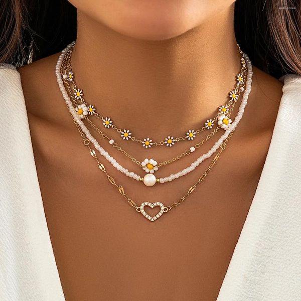 Anhänger Halsketten 4 stücke Vintage Sonnenblumen Blume Schlüsselbein Kette Halskette Für Frauen Kpop Strass Liebe Herz Choker Ästhetischen Y2K Schmuck