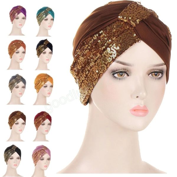 Glitter lantejoulas mulheres muçulmanas hijab gorros quimio boné nó turbante underscarf estiramento perda de cabelo chapéu femme câncer headwear capa envoltório