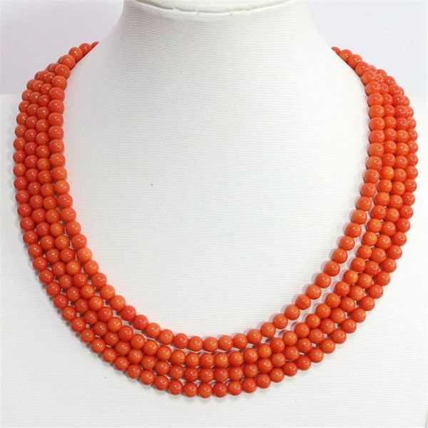 Europäische rosa orange 4 Reihen 6 mm runde Perlen künstliche Korallenkette hochwertiger Halskettenschmuck 17-20 Zoll B14522686