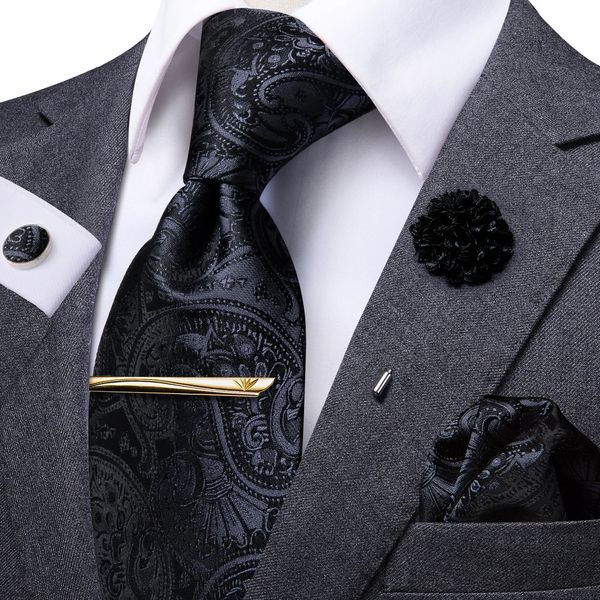 Gravatas Gravatas Hi-Tie Business Black Paisley Gravata para Homens Silk Men's Tie Clip Box Presente para Homens Gravata de Luxo Hanky Cufflinks Set Formal Dress 231013