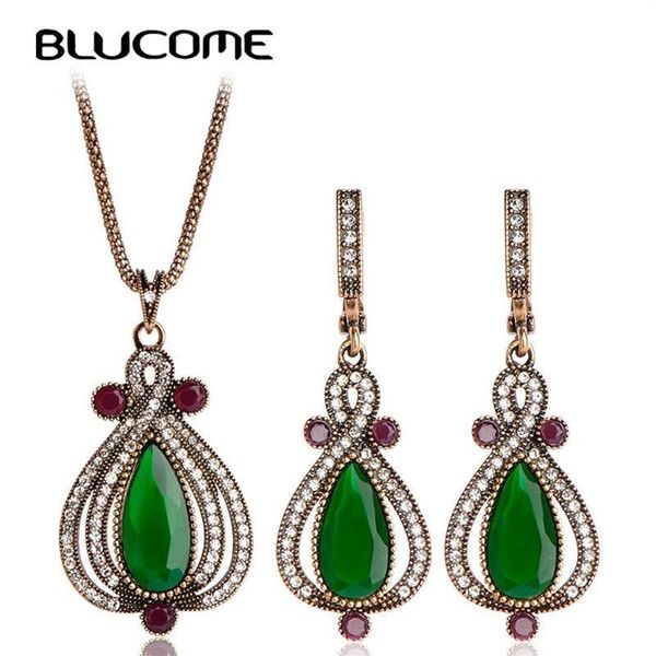 Orecchini Collana Blucome Set di gioielli vintage Pendente a goccia Resina oro antico Accessori per feste di nozze da donna Regali squisiti278E