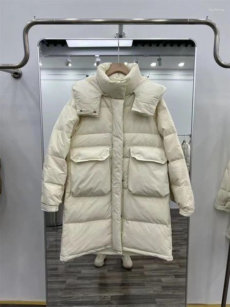 Damen Trenchcoats Winter Daunenjacke Damen 2023 Lose Kapuze über dem Knie Weiße Ente Mittellanger dicker warmer Mantel