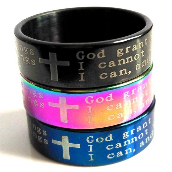 Bulk Lots 100 Stück Englisch Serenity Prayer Bibel Kreuz Edelstahl Ringe 8 mm Schwarz Blau Regenbogen Ganze Herren Modeschmuck X2835