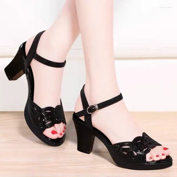 Sandalen 2023 Dicke Ferse Damen Sommer Fischmaul Schuhe Strass High Heels Schwarz Mutter Frauen