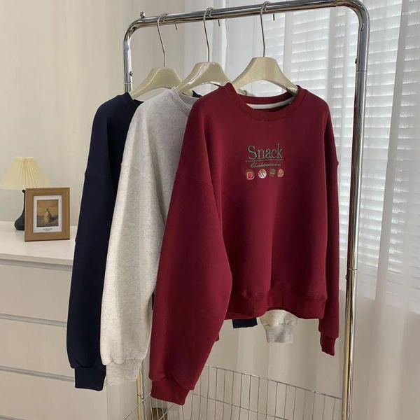 Damen Hoodies Vintage Burgund O-Ausschnitt Pullover Sweatshirt Lose Koreanischer Stil Dicke Warme Tops Mode Stickerei Casual Hoodied
