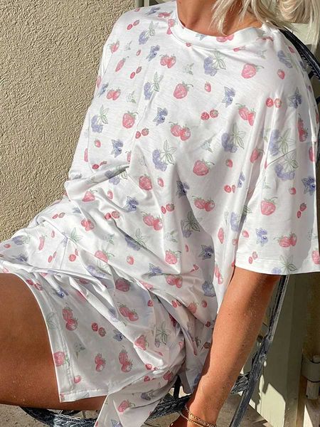 Conjunto de pijama feminino YK Piece floral, camisa de manga curta grande, shorts com divisão lateral, roupa de dormir