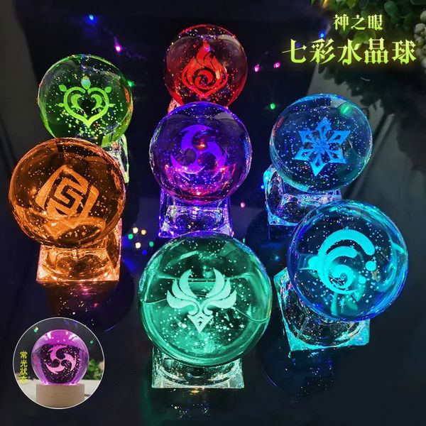 Arti e mestieri Genshin Impact Dio della versione LED Sfera di cristallo Luce Statua Lampada notturna Cosplay Anemo Electro Hydro Pyro Geo Puntelli regalo Figurine 231017