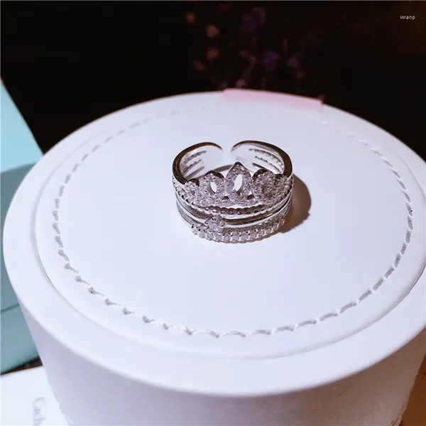Anelli a grappolo Stilista Scintillante Corona con zirconi Autentico argento sterling 925 ridimensionabile per donna