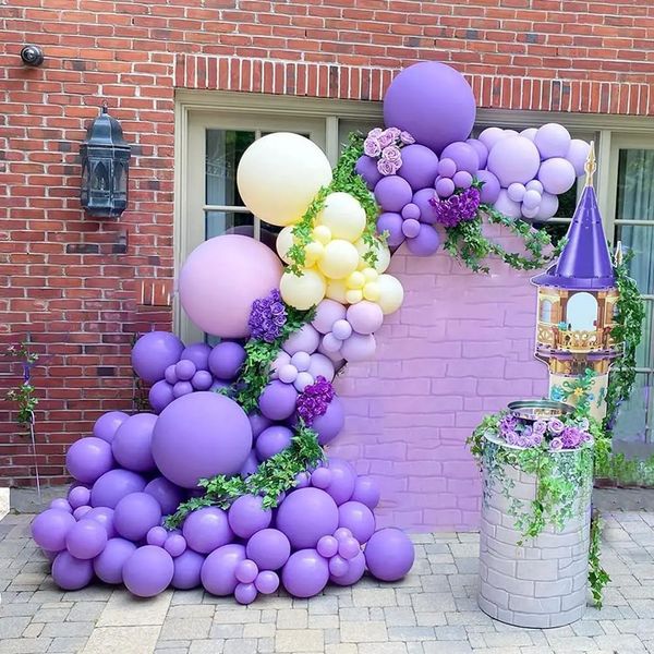 Sonstiges Partyzubehör für Veranstaltungen, 129-teiliges lila Macaron-Gelb-Luftballon-Set für Babyparty, Brautparty, Geburtstagsfeier, Prinzessinnenparty, Rapunzel-Motto, Pa 231017
