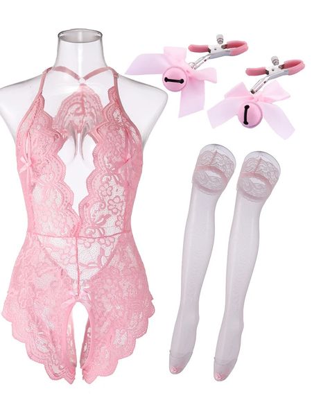 Seksi set iç çamaşırı kadın içi boş erotik pijama dantel nightdress seks bebekdolls kasık kıyafetler şeffaf elbise pembe parti gece 231017