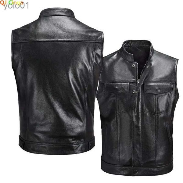 Colete masculino de couro sintético com gola preta sem mangas PU Colete masculino com botões para cima e para baixo com bolsos Coletes de couro sintético S M L XL XXL XXXLL231018