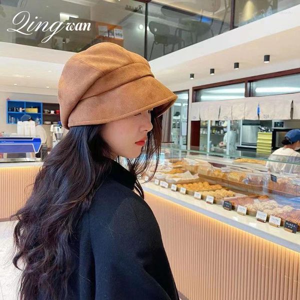 Berets Kpop Café Sólido Camurça Octagonal Beret para Mulheres Outono Inverno Moda Frente Longa Costas Curto Irregular Grande Cabeça Pilha Cap