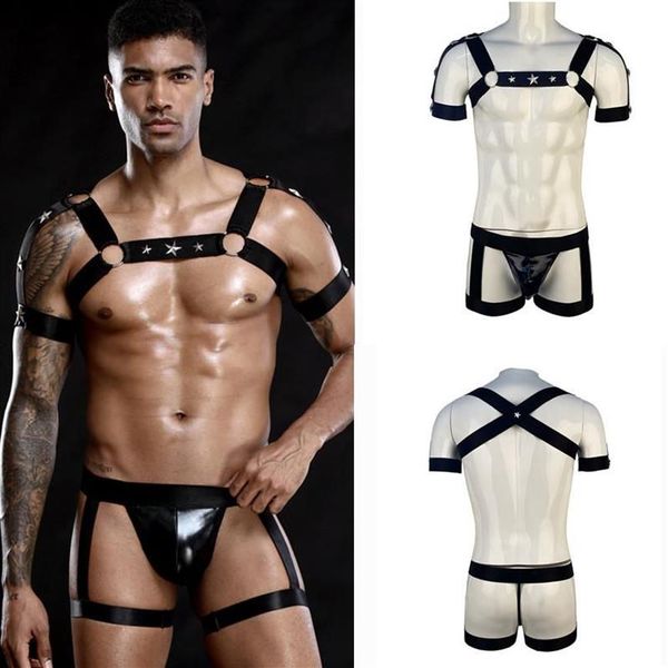 Set di reggiseni da uomo Imbracatura completa per il corpo Set di vestiti Fetish Gay Fascia elastica Pettorali Cinture per gambe Cinghie BDSM Bondage Punk maschile Rave Lingerie287K