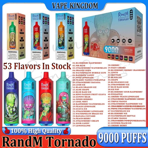 Orijinal Randm Tornado 9000 Puf Puf Tek Kullanımlık E Sigaralar 0.8ohm örgü bobin 18ml Pod Pil Şarj Edilebilir Elektronik CIGS Puff 9k 0% 2% 3% 5% RBG Işık Vape Kiti VPAE