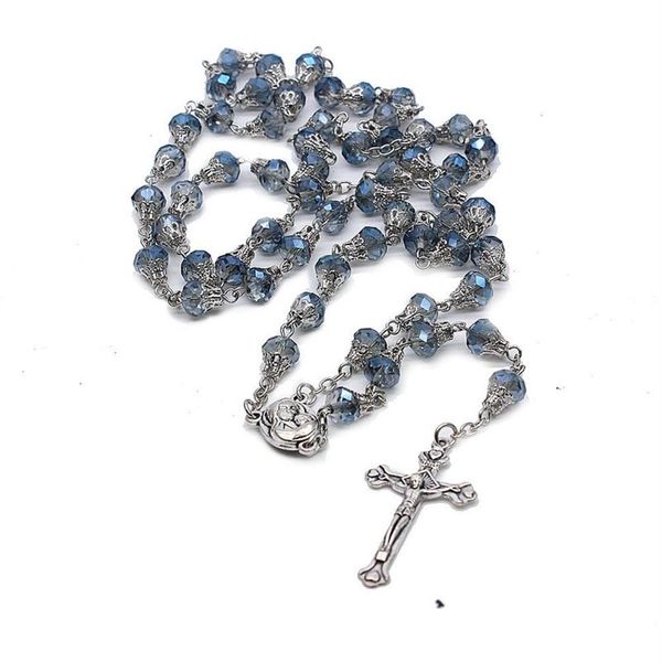 Perline di preghiera Collana con croce di rosario di cristallo Collana con croce di santi cattolici Forniture regalo Omaggi189F