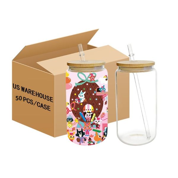 USA CA Warehouse Heißverkauf 16oz Sublimation Bier Soda -Glas geformtes Klarglas mit Bambusdeckel und Stroh 4.23