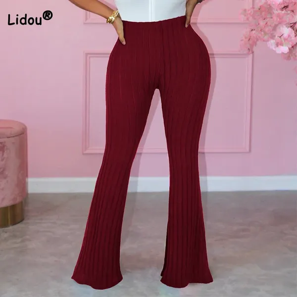 Damenhose Frühling Herbst Bequem und lässig Großer Pit-Streifen Sanding Micro Flared Fashion Elastic Mid Waist Solid Damenhose