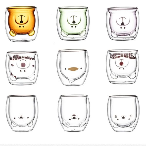 Tassen 280 ml Doppelglastasse Kaffeetasse Bär Katze Hund Tier Transparent Niedlich Milchsaft Tee Trinkbecher Geburtstagsfeier Weingläser 231018