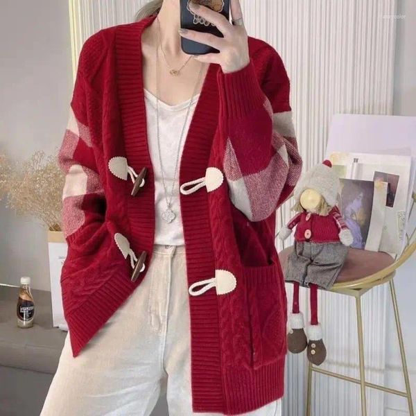 Damenpullover Korejepo Rot karierter Strickjacke Pullover Oberbekleidung Damen Strickwaren Mode Herbst Winter Locker sitzendes Lazy Style Top