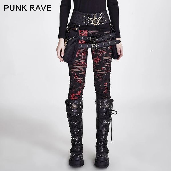 Mulheres Leggings PUNK RAVE Gótico Mulheres Malha Quebrada Alta Buracos Elásticos Crochê Respirável Calças Rasgadas Preto Vermelho Steampunk Charme Sexy 231018