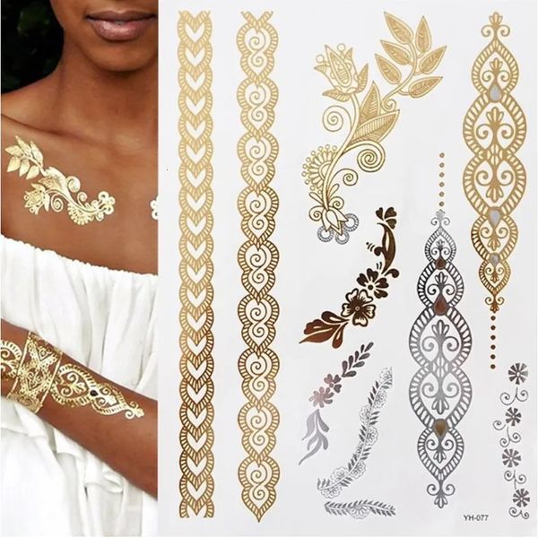 5 STÜCK Temporäre Tattoos Flash Metallic Wasserdicht Tattoo Gold Silber Tatoo Frauen Henna Mandala Blume Spitze Taty Indischer Arabischer Aufkleber 231018