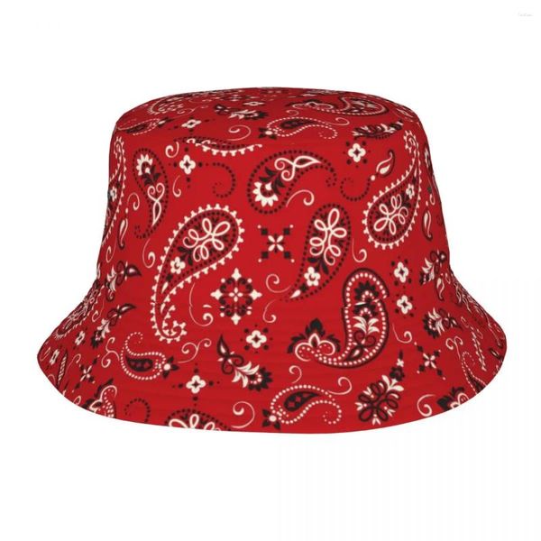 Berets Faltbare Mode Rot Bandana Muster Eimer Hut Für Frauen Männer Drucken Sommer Reise Strand Fischer Kappe