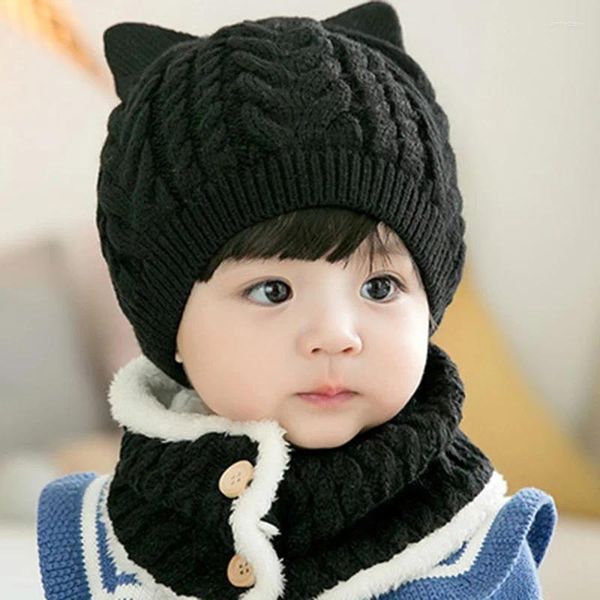 Berets crianças inverno quente chapéu de malha crianças boné crânios gorros círculo cachecol com engrossar forro de lã para meninos meninas 1-4 anos de idade