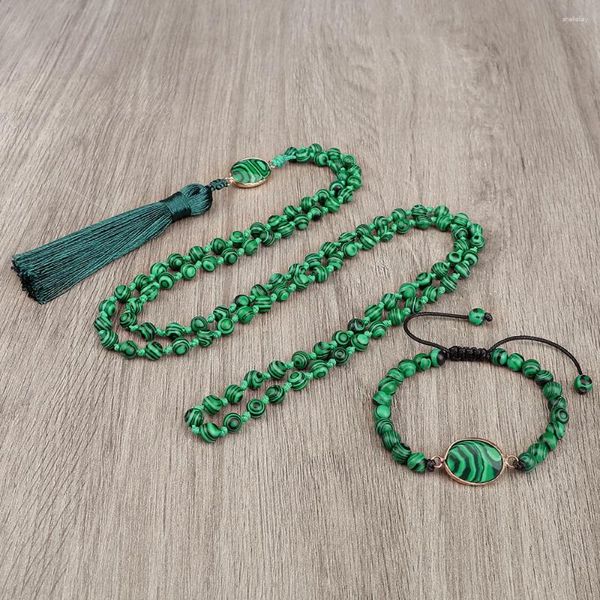 Collana Orecchini Set Vintage 108 Perline Collane Fatte a mano Regolabili 6mm Malachite Pietra naturale Bracciale Donna Uomo Meditazione Gioielli Yoga