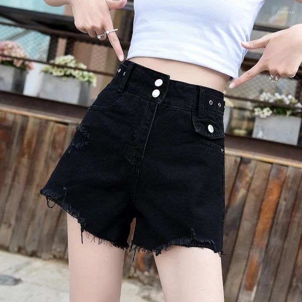 Jeans femininos preto grande super cintura alta denim shorts calças de cavalo 2023 verão a-palavra perna larga estilo fino ins