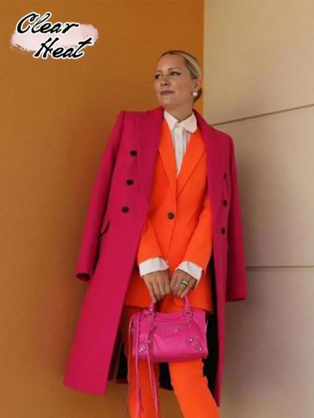 Abiti da donna Blazer Rosa Rosso Monopetto Risvolto X lungo Trench Cappotto Moda donna Scollo a V Manica lunga Giacche larghe Donna Autunno Inverno Cappotti 2023 231018