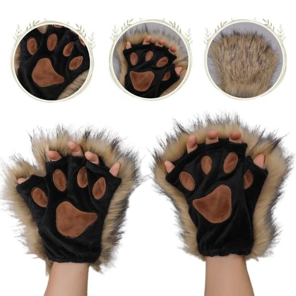 Puffy Paw Handschuhe Halbfinger Fäustlinge Anime Lolita Gothic Pelziges Zubehör für Tierrollenspiele Langes Fell Wolfspfoten