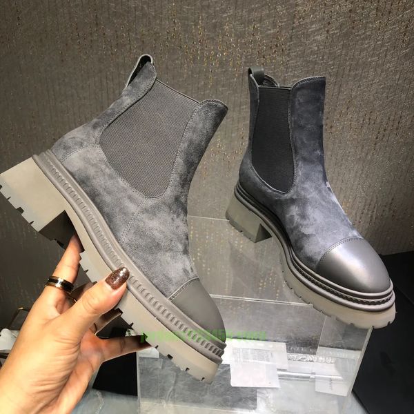 Luxuriöse Designer-Damen-Chelsea-Stiefel aus Rindsleder, Lackleder, hohe Elastizität, elastisches Band, bequeme flache Schuhe, gemischte Farbe, Grau, dicker Boden, Stiefeletten