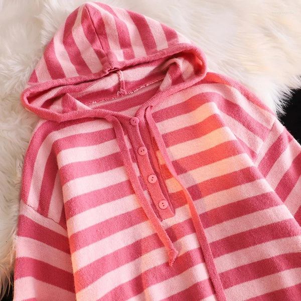 Suéteres de mujer moda Estilo Dulce rosa con capucha prendas de punto Casual Harajuku sudaderas con capucha suéter 2023 otoño cálido rayas señoras