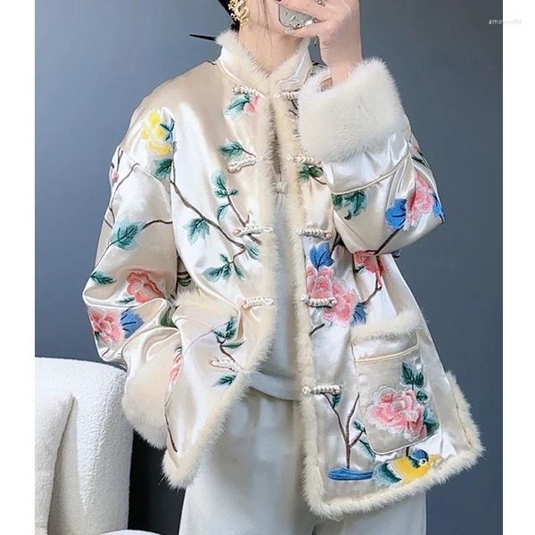 Trench da donna 2023 Inverno High End stile cinese ricamo giacca visone capelli impiombato acetato colletto alla coreana cappotto in cotone S-XL