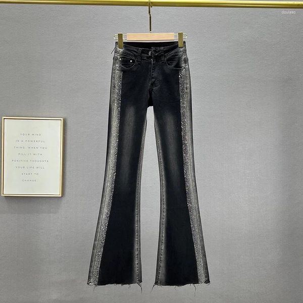 Frauen Jeans Strass Denim Bell-Bottom Hosen Dünne Frühling Und Sommer 2023 Elastische Dünne Jean Hosen Büro Dame Sexy